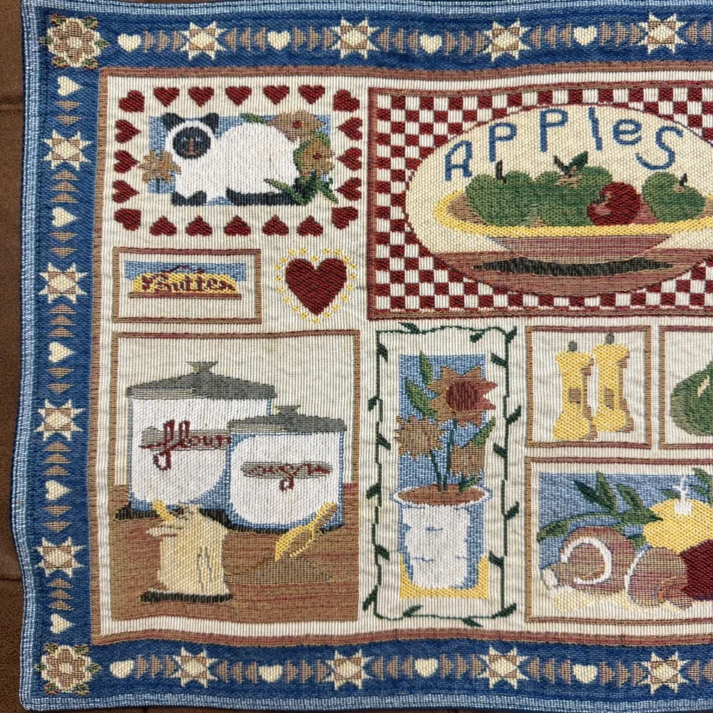 Vintage Tapestry Placemats Set of 7 Blue Red Farmhouse Rooster Apple Kitchen